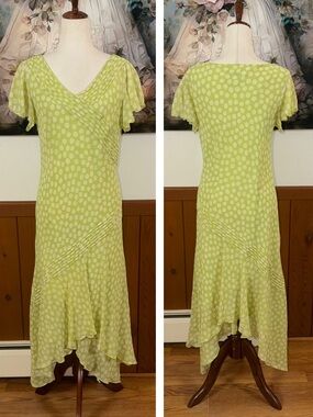 Pretty Vintage 90s Adrianna Papell Silk Lime Green Polka Dot Asymmetrical Dress